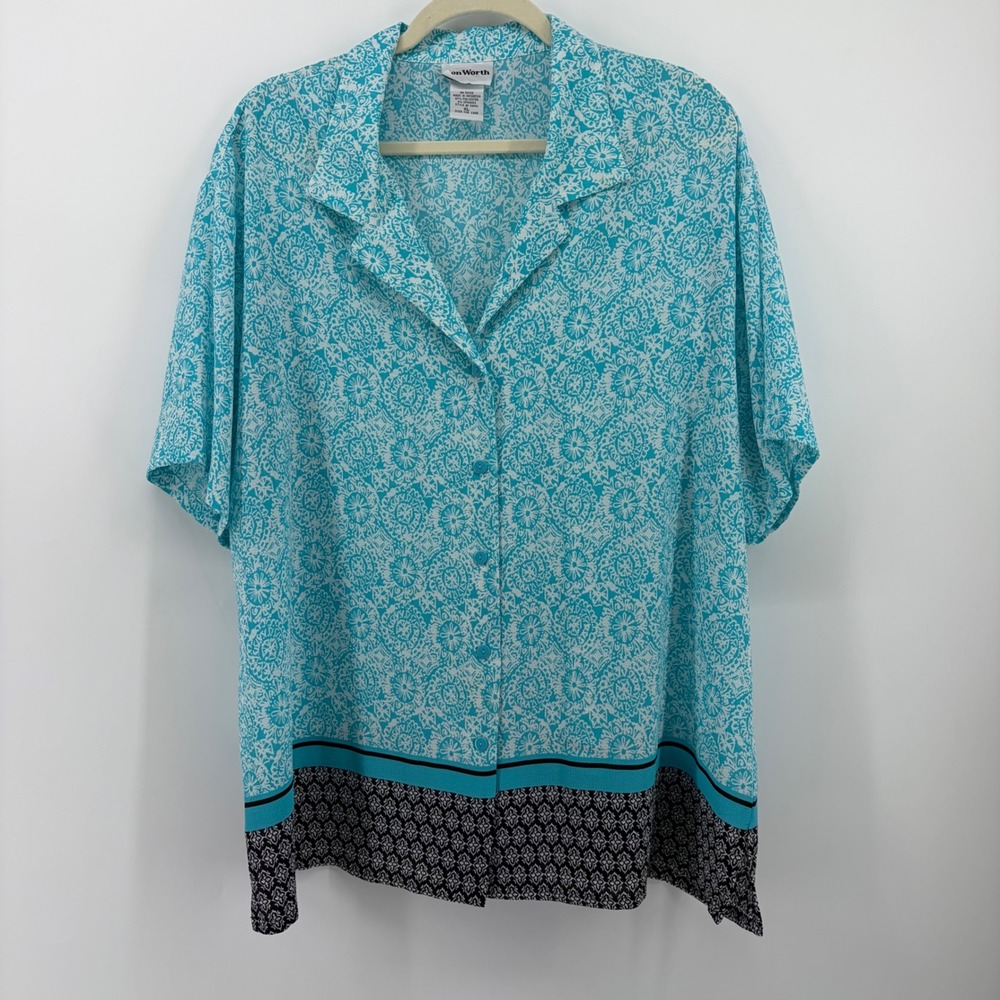 BonWorth Womens XL Teal Medallion Print Short Sleeve Button Up Camp Collar Top